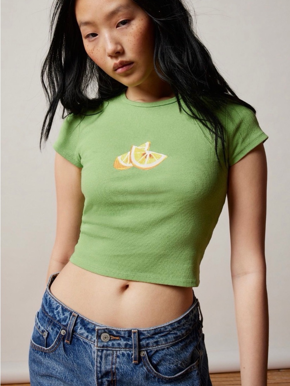 BDG Light Green Cropped Tee with Orange Slice Embroidery